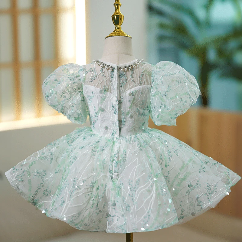 2023 Elegant Wedding Kids Formal Occasion Dress Mint Green for Little Girls Party Pageant Short Evening Gowns Luxury Eid Dresses