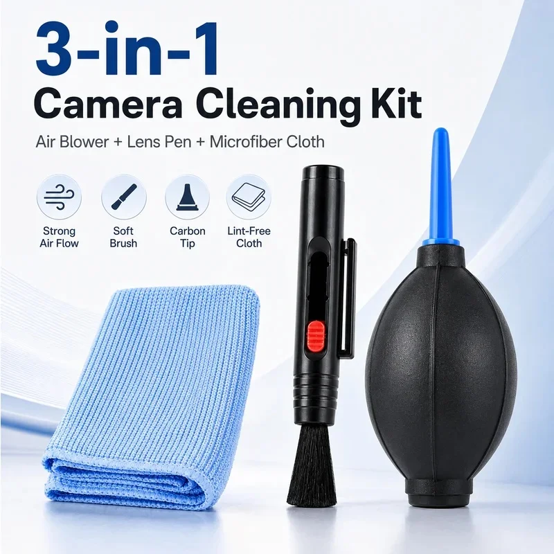 3-in-1 Camera Lens Cleaning Kit Air Blower Lens Pen Microfiber Cloth for DSLR SLR Mirrorless Camera Sensor Filter Screen Cleaner