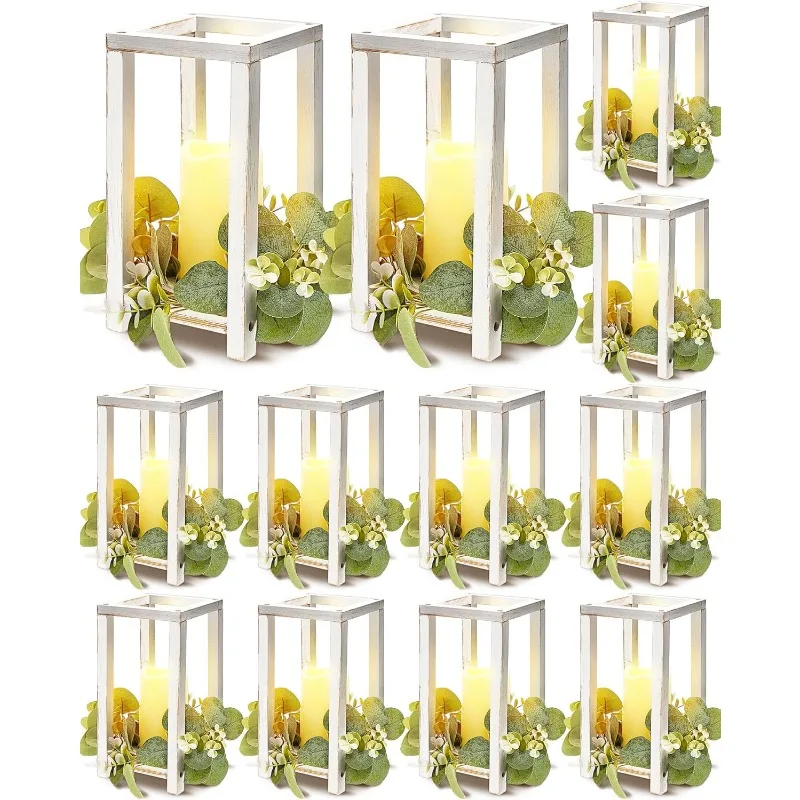 

24 Pcs/12 Set Wooden Wedding Lantern Centerpiece Rustic Lantern Candle Holders with Flameless LED Candles for Home Christmas Wed