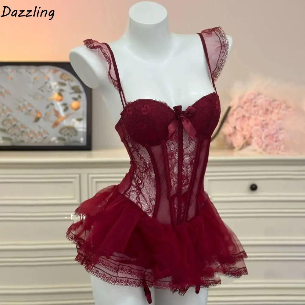 

Homewear Bow Lace Nightgown Transparent Sleeveless Women Lingerie Mesh Nightwear Lace Sling Nightdress Gift