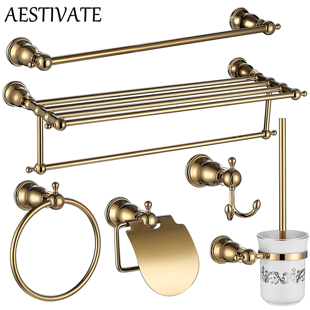 Deep Gold Bathroom Hardware Set Kit Accessories Wall Shelf Towel Bar Rack Rail Robe Hanger Toilet Brush Roll Paper Holder