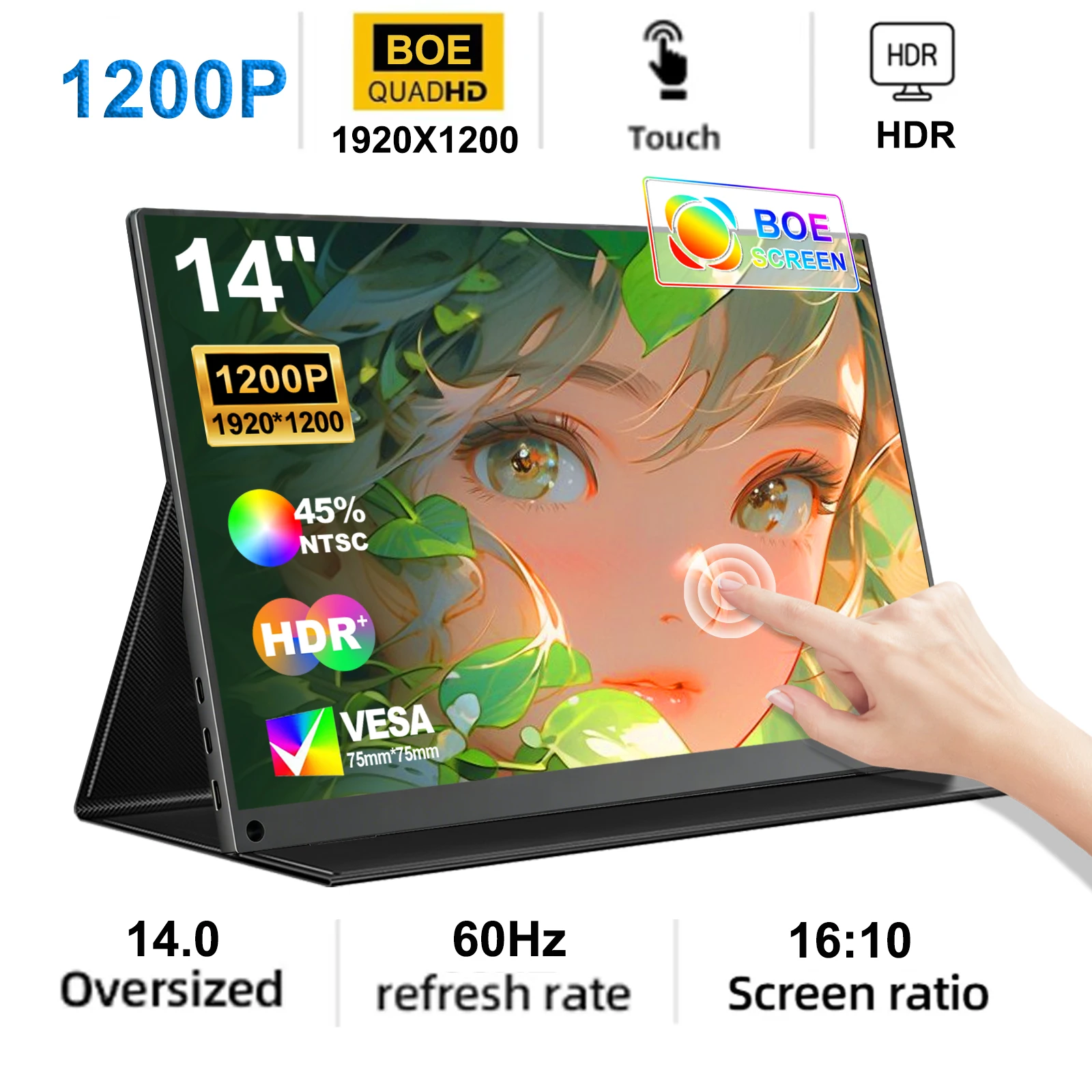 1920*1200 14-inch VESA Portable Monitor 60HZ For Laptop XBox PS4 / 5 Switch TV Box Cell Phone PC Extension Mobile Second Display