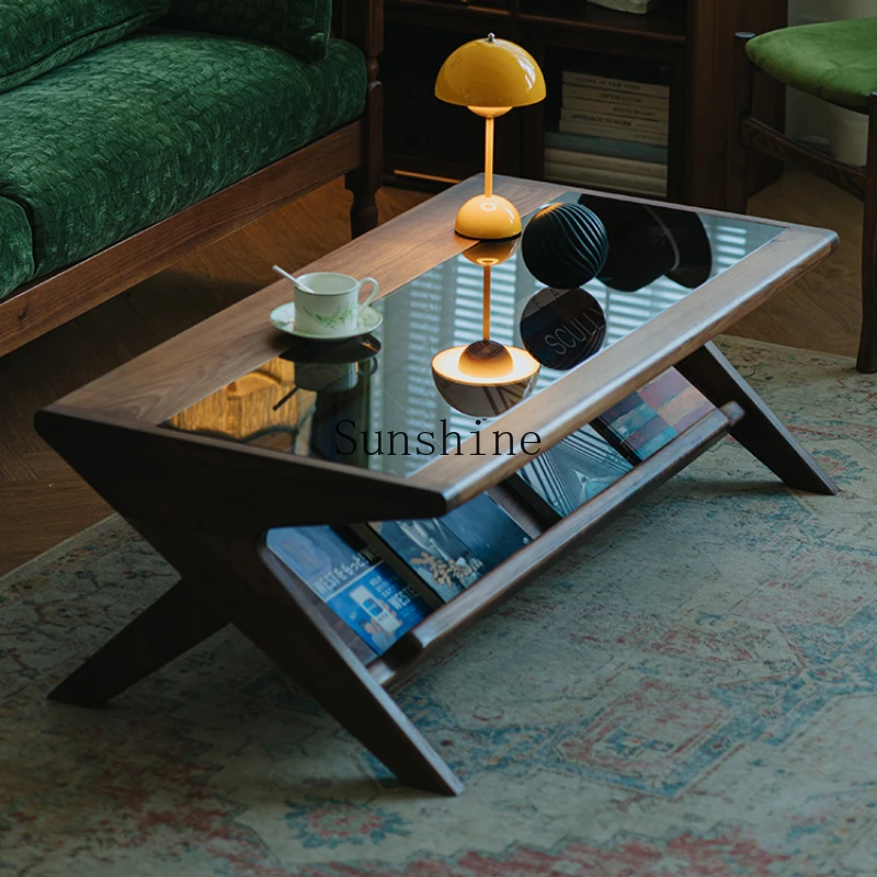 

Black walnut solid wood coffee table living room home Nordic glass small apartment modern and simple