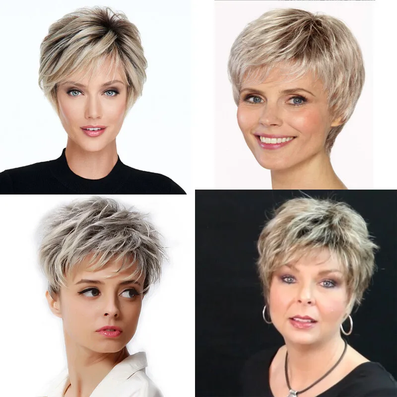 

Women Hair Wig Short Silver White Ladies Synthetic Curly Hair Wigs+Wig Cap