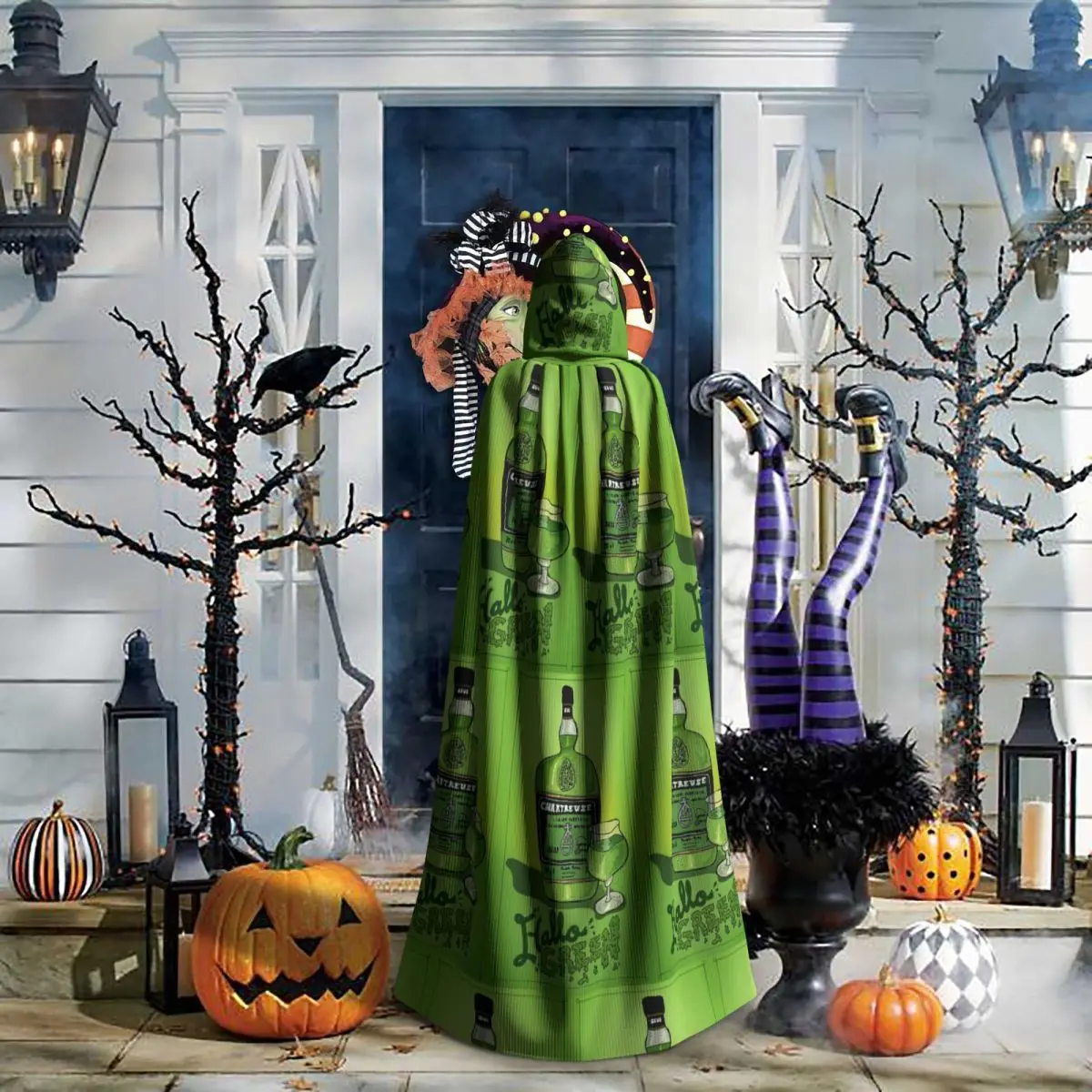 

Green Chartreuse Bottle Oil Painting Drink 1 Long Hooded Cloak Witch Medieval Costume Cosplay Cape HalloweenParty Adult Unisex