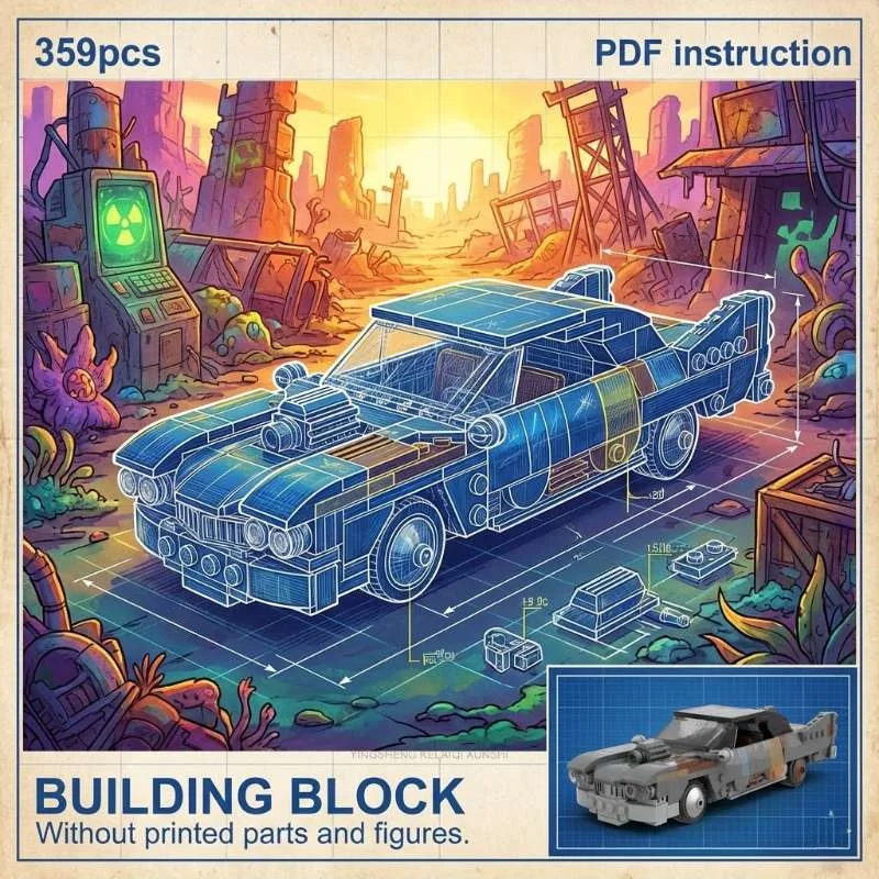 

Falowt Retro Wasteland Sedan with V8 Supercharger Engine Post-Apocalyptic MOC Block Model