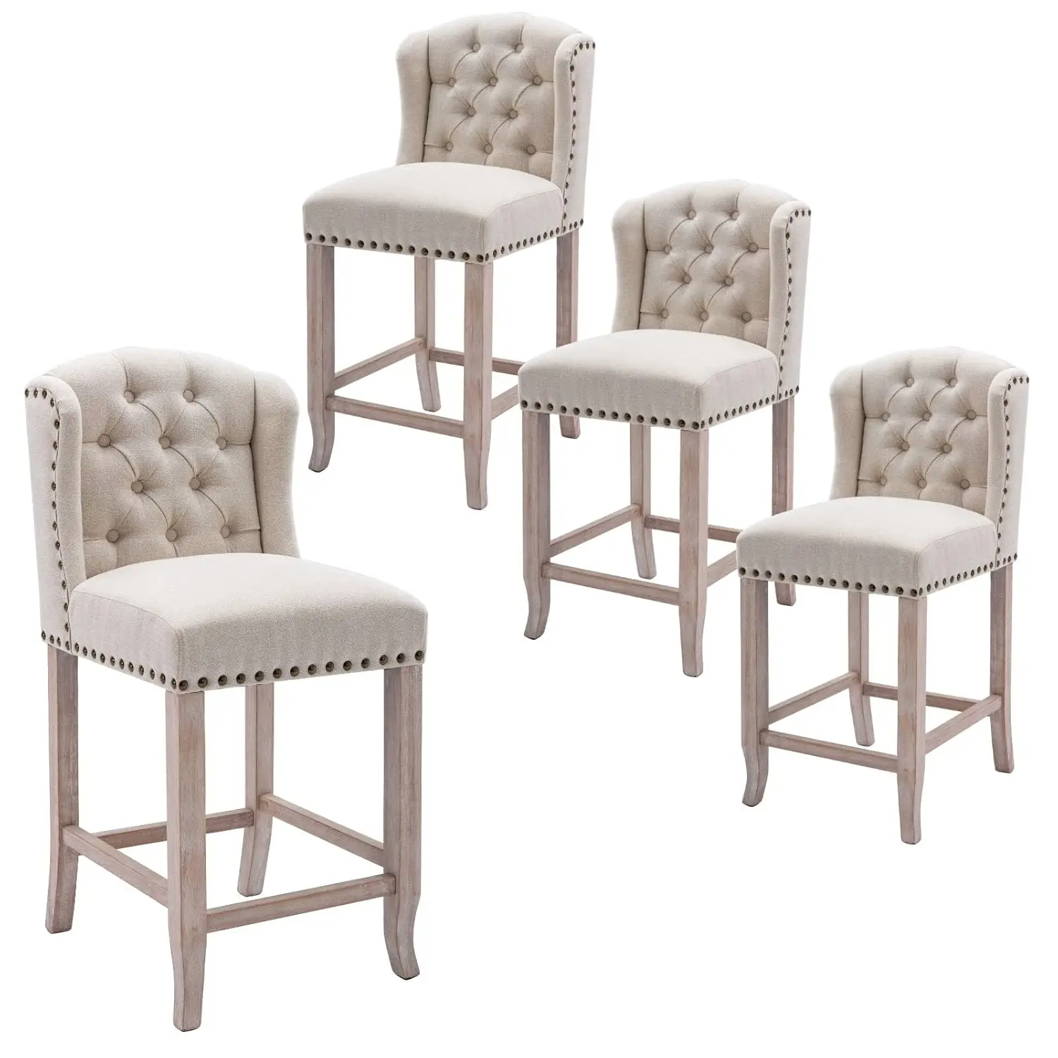 

Современные табуреты для барной стойки 26 дюймов, комплект из 4 штук, обитые тканью с пуговицами, с деревянными ножками и спинкой-крылом, на заказ