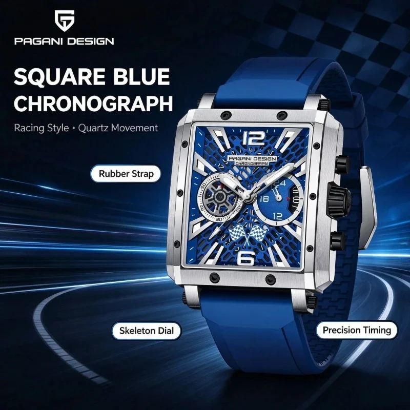 PAGANI DESIGN Men Sports Quartz Watch, Rectangular Top Frame, Chronograph with Automatic Date, Luxury Wristwatch