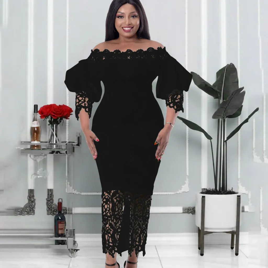 오프숄더 힙 레이스 스티칭 랜턴 슬리브 유럽 미국 스타일 드레스 신상 여성 패션 드레스