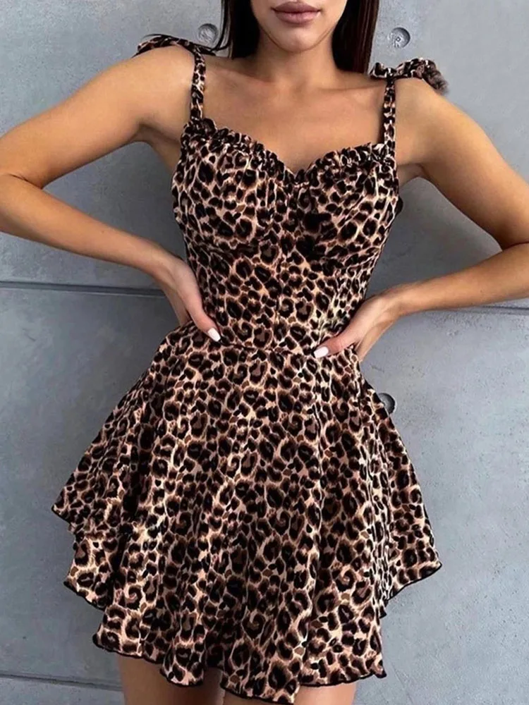 Été Sexy Spice Girl taille rétro sans manches Vintage robe trapèze esthétique angleterre loisirs Floral léopard à lacets jupe à bretelles