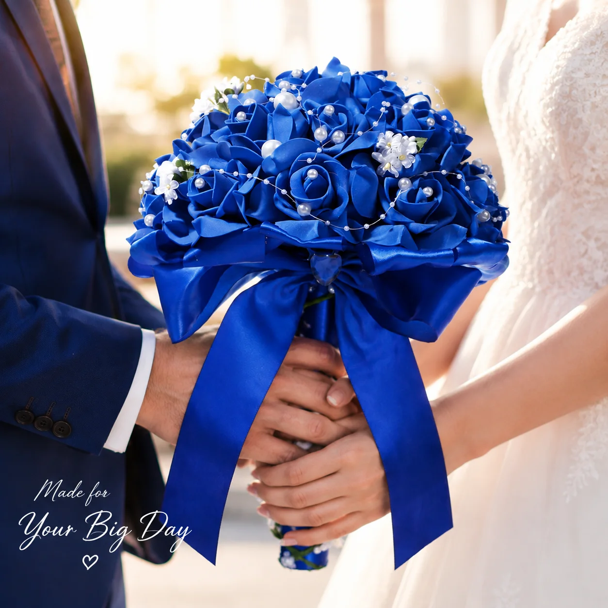 Royal Blue Bridal Bouquet Artificial Satin Rose With Pearl Decoration Large Ribbon Bow Bride Hand Flower Wedding Party Shooting