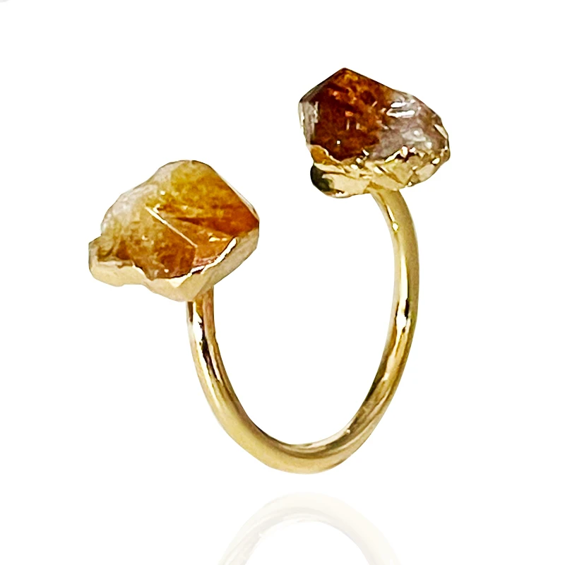 Citrine Open Ring for Women Girls Golden Irregular Handmade Raw Stone Finger Jewelry Adjustable Size