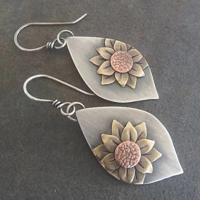 

Vintage Sunflower Earrings Ethnic Style Handmade Wire Wrap Dangle Earrings for Women