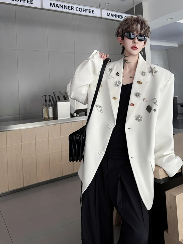 

Модная мужская куртка с металлическим декором на лацканах, свободного кроя, премиум-класса, осенняя, легкая, роскошная, повседневная, классическая, с длинными рукавами