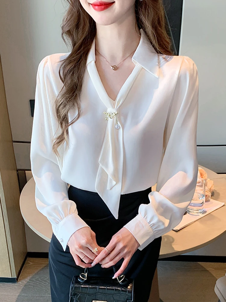 

V-Ne Sa Long Sve Chiffon irt Women's Spring Faion 2026 New Design Ladies Blouse Loose Fit Casual Busin Wear