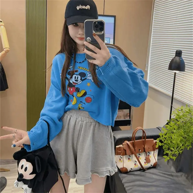 

Disney Mickey Korean Style Broken Hole Casual Sweater Women Autumn New Cute Printed Knit Pullover Fashion Street Versatile Top