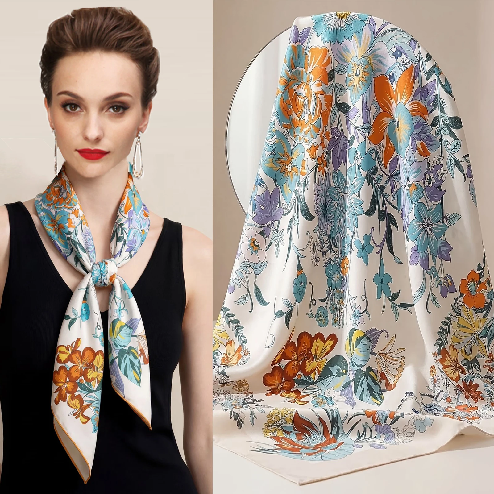 [BYSIFA] Spring Blue White Silk Scarves Hijab Brand Floral 100% Silk Scarf Shawl Printed Top Grade Women Neck Scarf-Headscarf