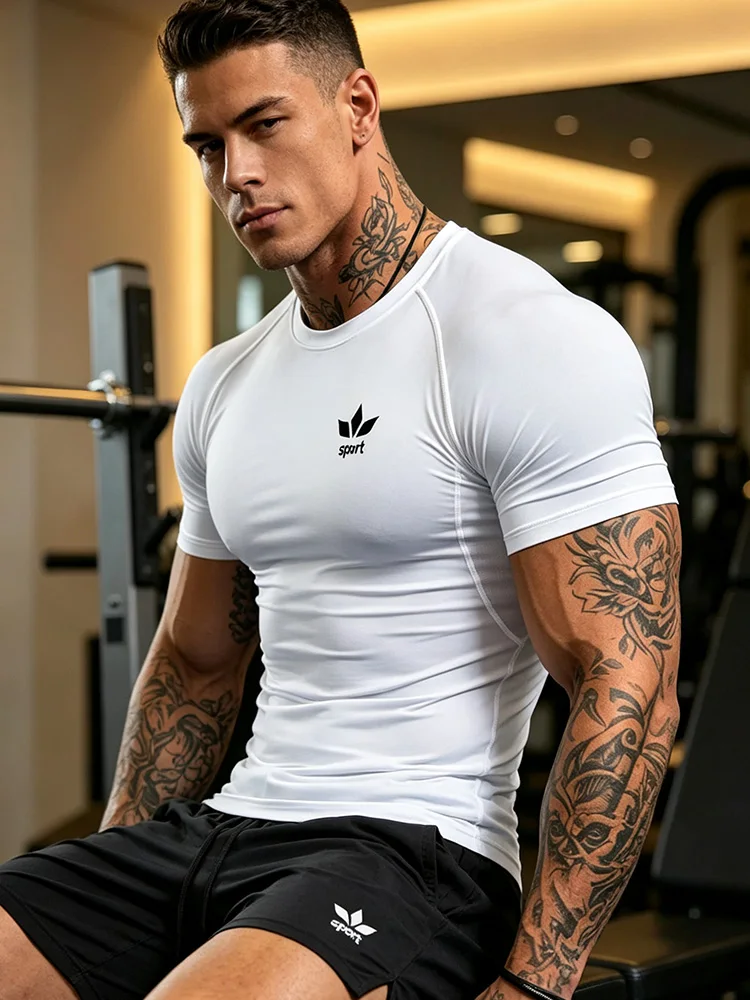 Men's fashionable tight fitting shirt, swimming diving suit, quick drying short sleeved gym fitness training sports top