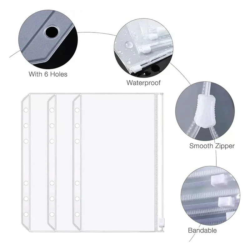 8PCS PVC Binder Pocket Cash Envelopes A5 A6 A7 Zipper Folders Pouches Money Organizer Budget Document Filing Loose Leaf Inserts