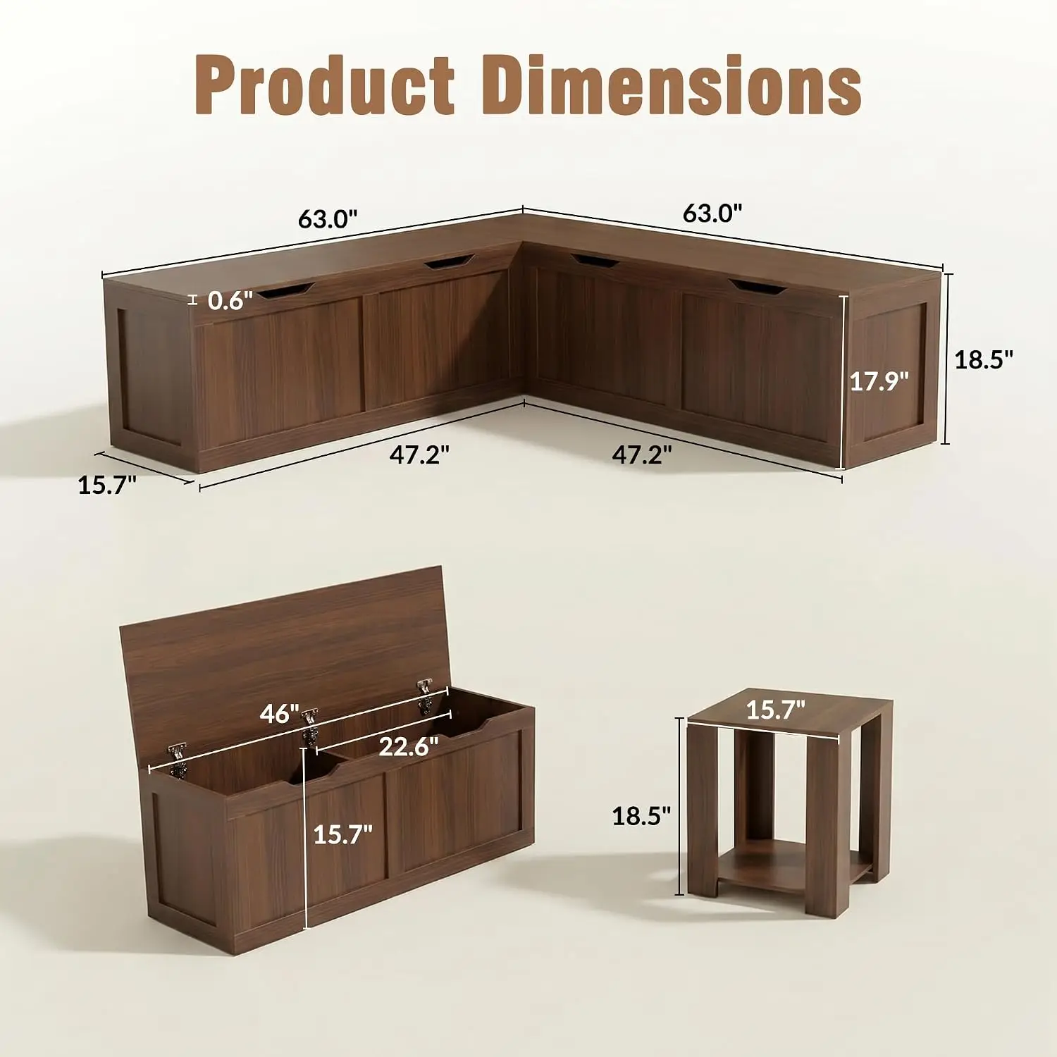 L-Shaped Nook Bench with Hidden Storage Walnut Modular Backless Corner Bench for Dining Room Kitchen Flip-Top , Customized
