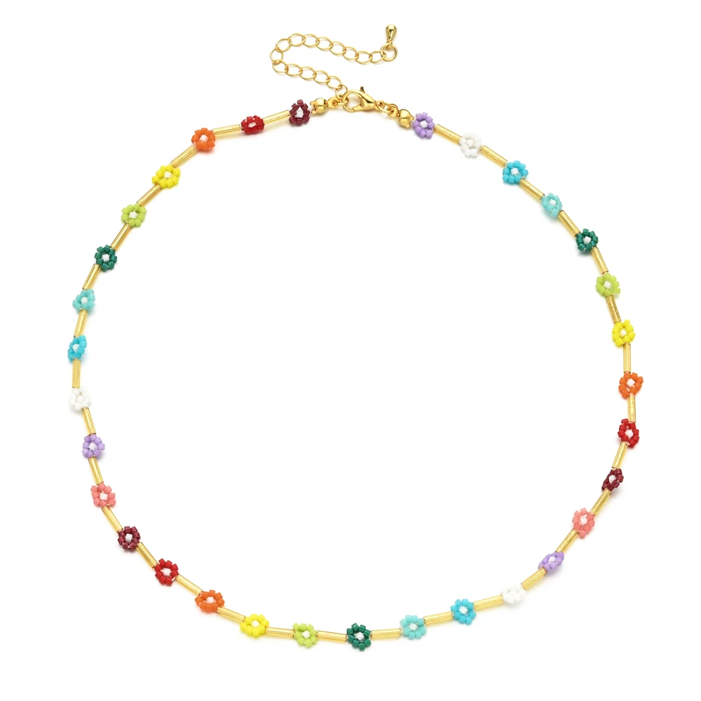ZMZY 2025 Trend Bohemia Rainbow Colors Seed Beads Chain Choker Necklace For Women Boho Fashion Cute Flowers Accessories Jewelry