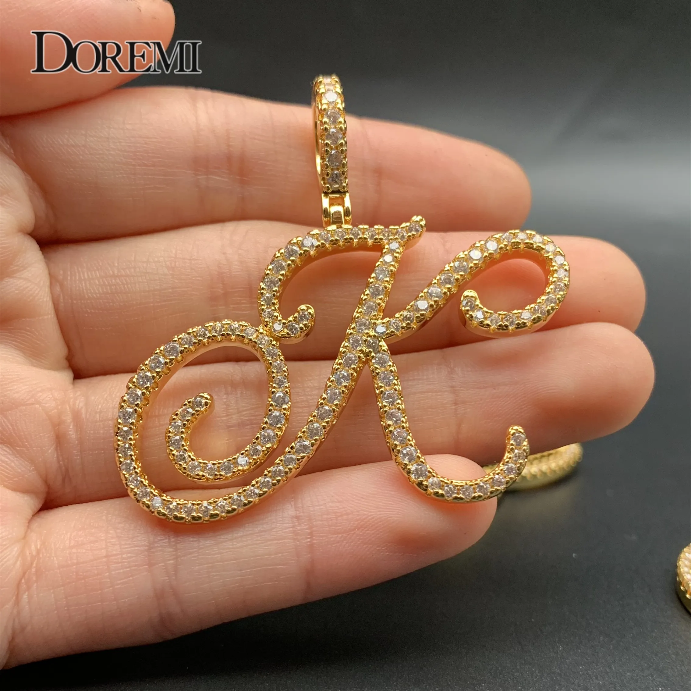 DOREMI New A-Z Cursive Letters Name Pendant &Necklace Iced Out Cubic Zircon Rope Chain Gold Silver Color Charm Hip Hop Jewelry