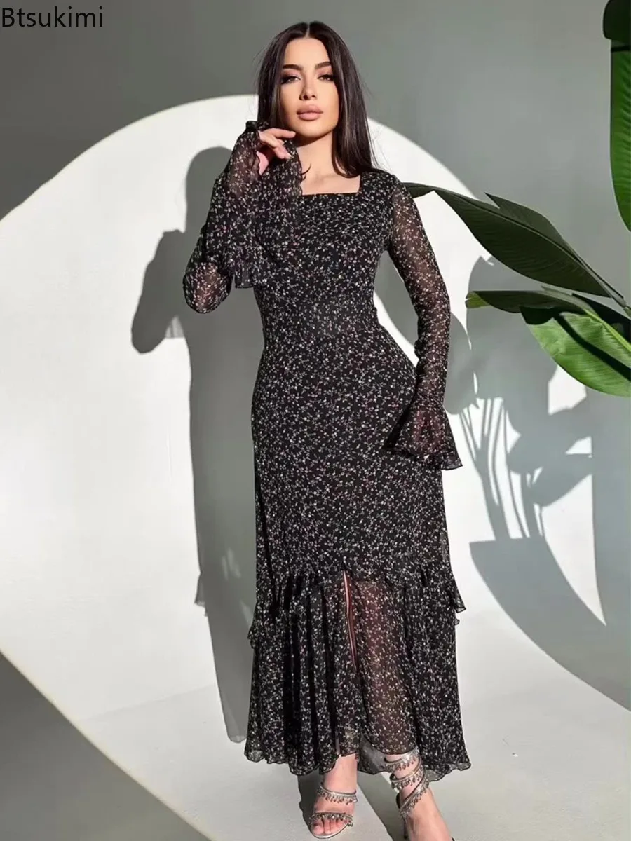 Novo vestido de chiffon feminino elegante fresco doce impresso vestido assimétrico em camadas design manga lótus cintura alta magro maxi vestido