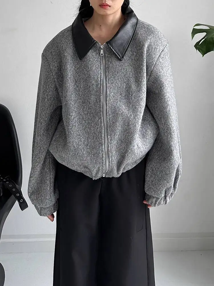 

HUISONG серый женский лоскутный кожаный воротник с подкладкой на плечах, толстое пальто, свободный повседневный кардиган на молнии, куртка, осень-зима