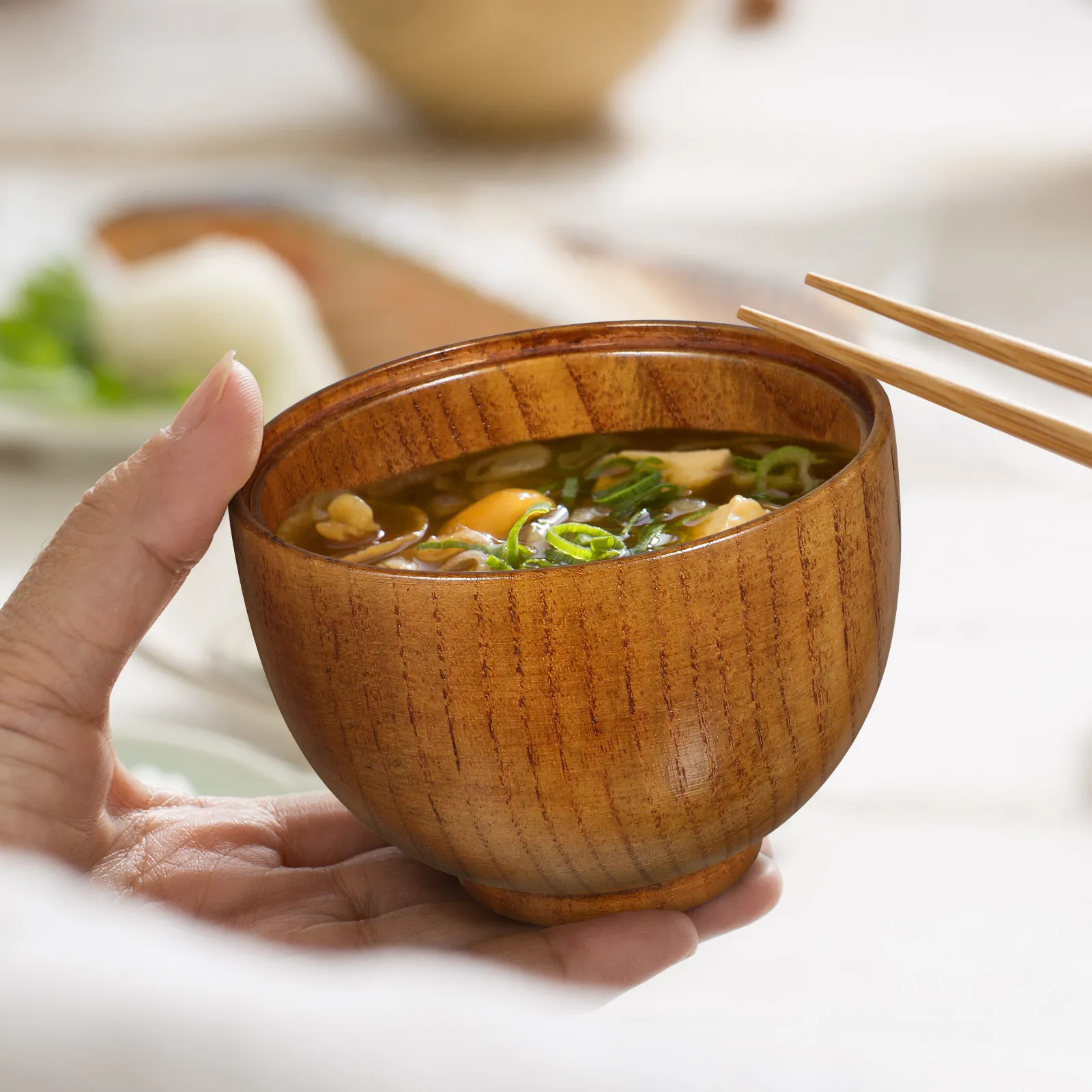 2Pcs Exquisite Wood Bowl Simple Design Non Deformable Easy Clean Food Serving Bowl for Rice Soup Fruits Grain Milk Wooden