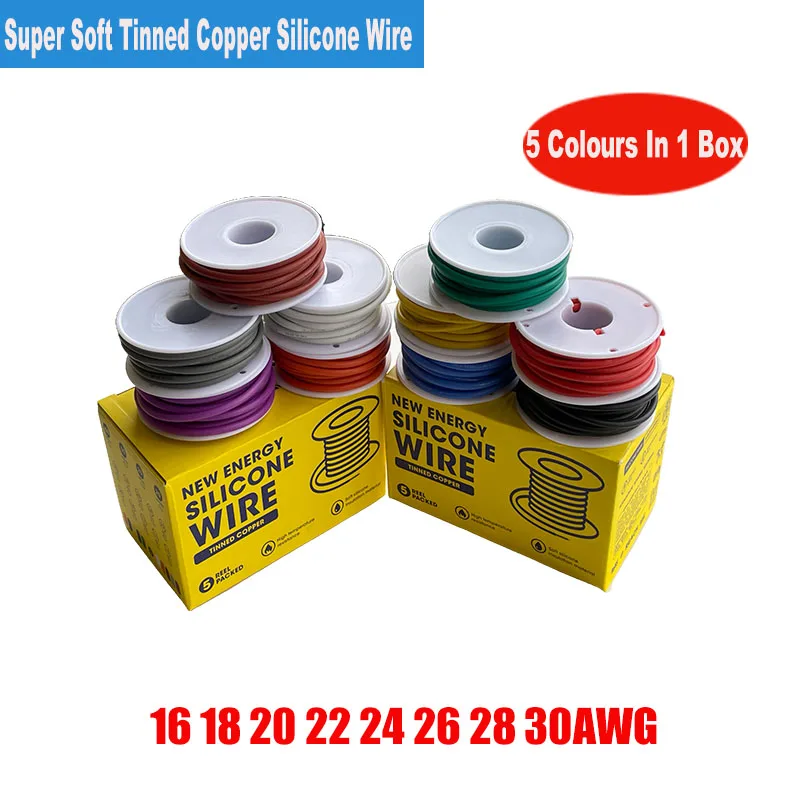 30/28/26/24/22/20/18/16 AWG Super Soft Silicone Cable (5 Color Mixed Set)DIY High Temperature Resistant Tinned Copper Cable Wire