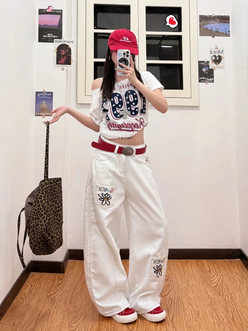 

Cleanfit Белые джинсы с изогнутыми ножками, мужские и женские брюки с косой кроем в американском стиле High Street, прямые широкие брюки длиной до пола