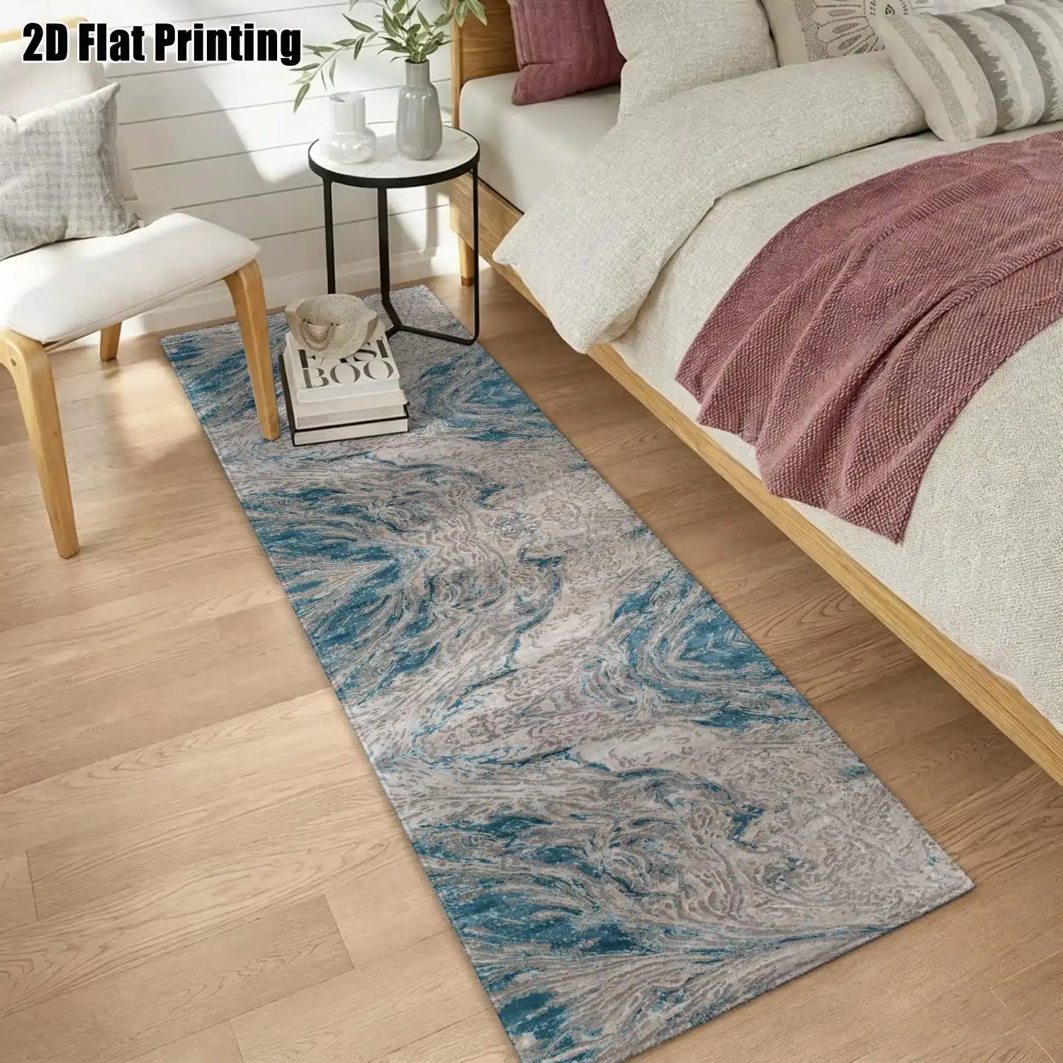 1Pc 2D Printed Long Strip Runner Carpet: Blue-Grey Abstract Wave Pattern, Nordic/Instagram/Modern Minimalist/Geometric Striped Style, Machine Washable, Multi-Size, Ideal for Entryway, Hallway, Living Room, Bedroom Home Decor
