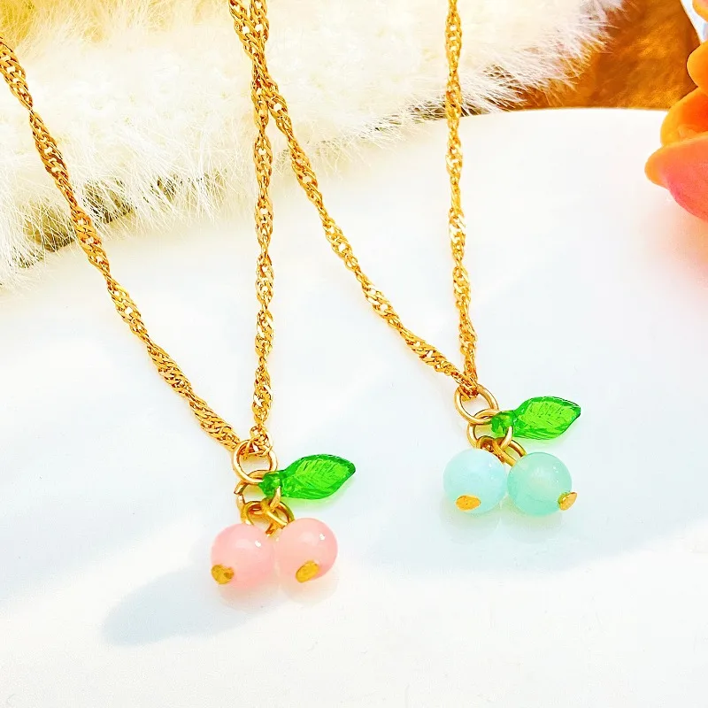 2024 Cherry Clavicle Chain Earrings Jewelry Set Female Green Leaf Pink Green Cherry Pendant Necklace Earring Accessories Women