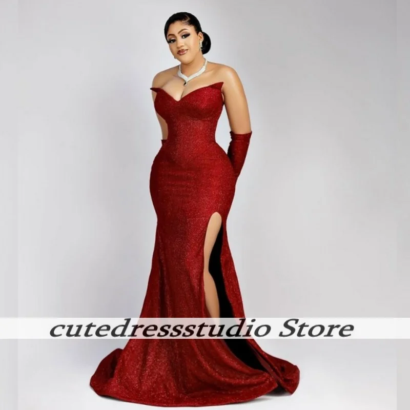 ชุดราตรีสีแดงประดับเลื่อมสำหรับสาวผิวสี ชุดเดรสทรงเมอร์เมดผ่าสูงสำหรับงานแต่งงาน งานปาร์ตี้ ชุดราตรียาวแบบคอวี ชุดพรอมหรูหราสั่งตัดได้