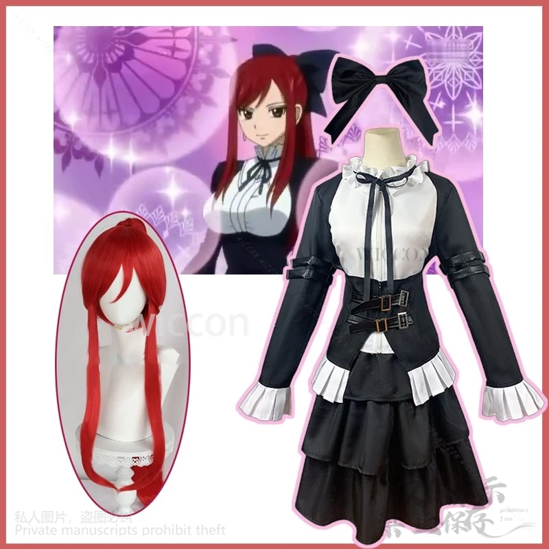 Anime Fata Cosplay Erza Scarlet Costume Cameriera Uniforme Vestito Lolita Parrucche Lunghe Rosse Hallowen Vestito Di Natale Per Le Donne Ragazze Code