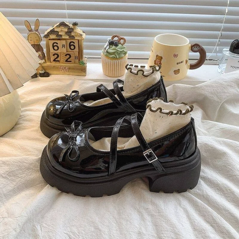Women Trim Bow Square Buckle Platform Mary Jane Shoes, JK Academy  Light Lolita Soft Girl Style Chunky Platform Uniform Shoes
