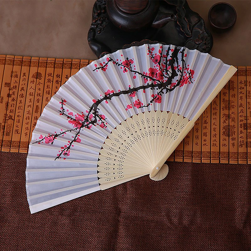 Ventilador de mão de seda vintage para mulheres, fãs de bambu chinês, presentes artesanais, adereços de dança, decoração para casa