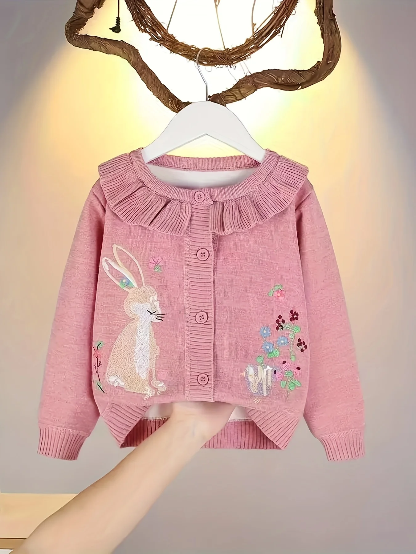 Children's Cardigan Girl Rabbit Embroidered Lotus Leaf Round Neck Girls Sweater Knitted Top