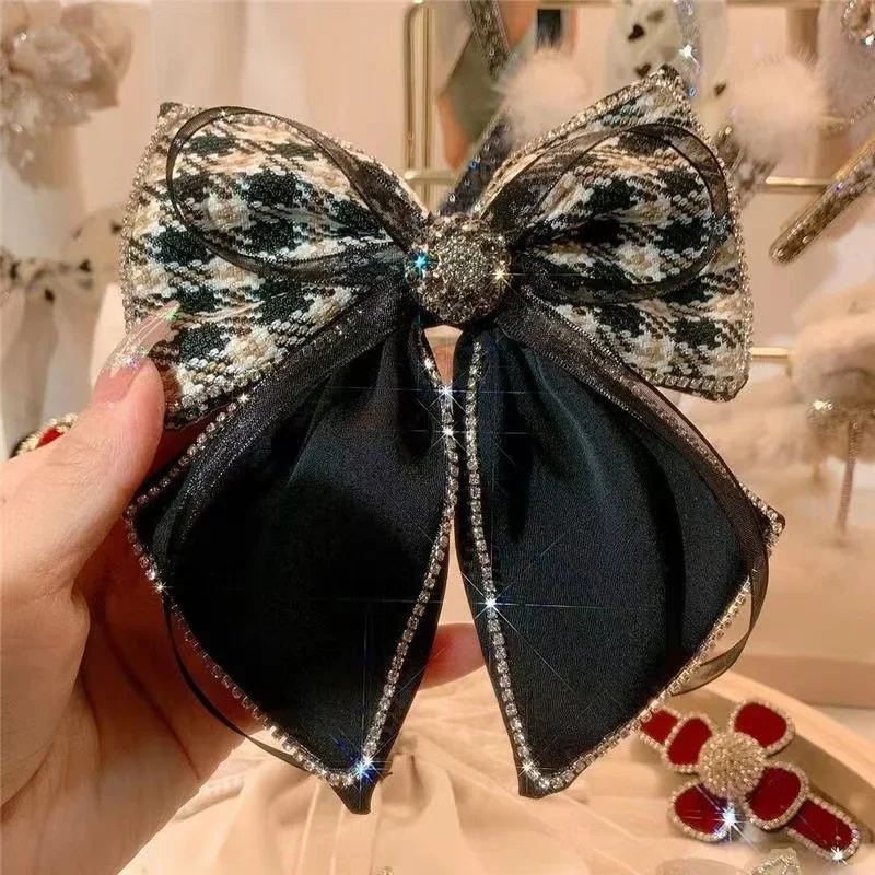 Vintage Fabric Bow Hair Clips Rhinestone Barrette Spring Clip Fashion Ponytail Headwear Hair Pins for Women Hair Accessories