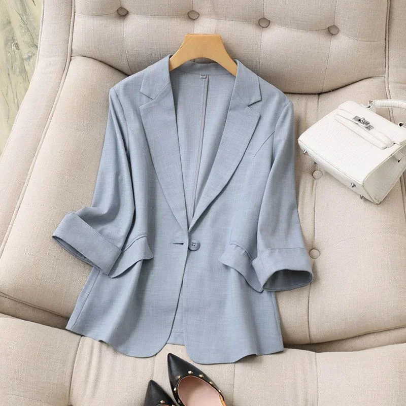 Women Thin Fit Solid Blazer Fall Single Button Loose Notched Suit Jacket Fashion Casual Pockets Straight Formal Office Lady Coat