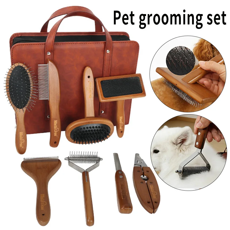 8-piece Set Pet Dog Cat Grooming Products Knotting Comb Straight Comb Nail Clipper File Hair Removal Comb Cleaning Beauty Set