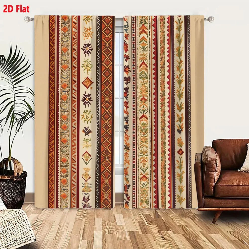 2Pcs Curtains Vertical Terracotta Rust Ochre Folk Art Kilim Stripe Rug With Geometric Floral Motifs Window Drapes for Bedroom Ro