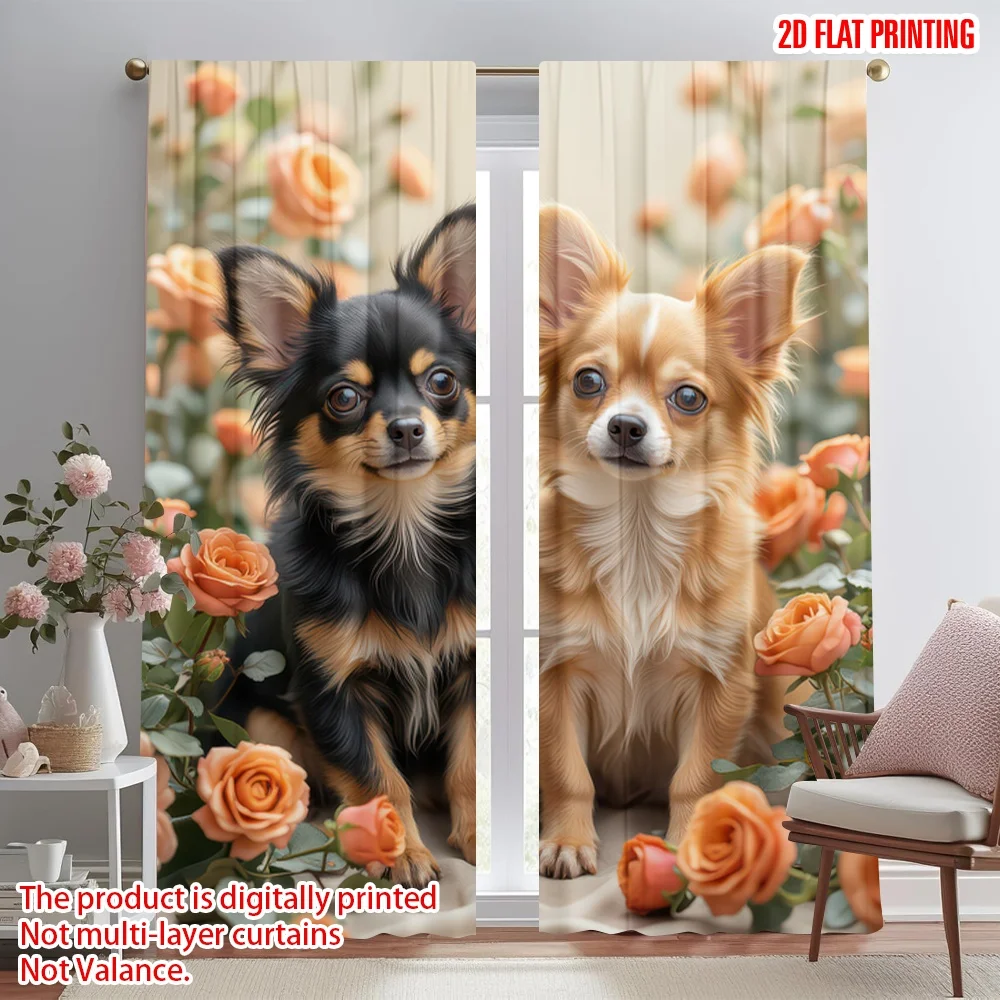 

2D flat printing 2pcs Window Treatment Curtains Chihuahuas Among Roses Digital Printed Polyester Drapes Family Party Decoration