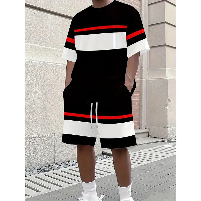 

Fashion Stripes 3D Print Tracksuit Men's Beach Suits Casual O-Neck Short Sleeve T-Shirt Shorts Sets Sportswear Men 2pcs Clothing