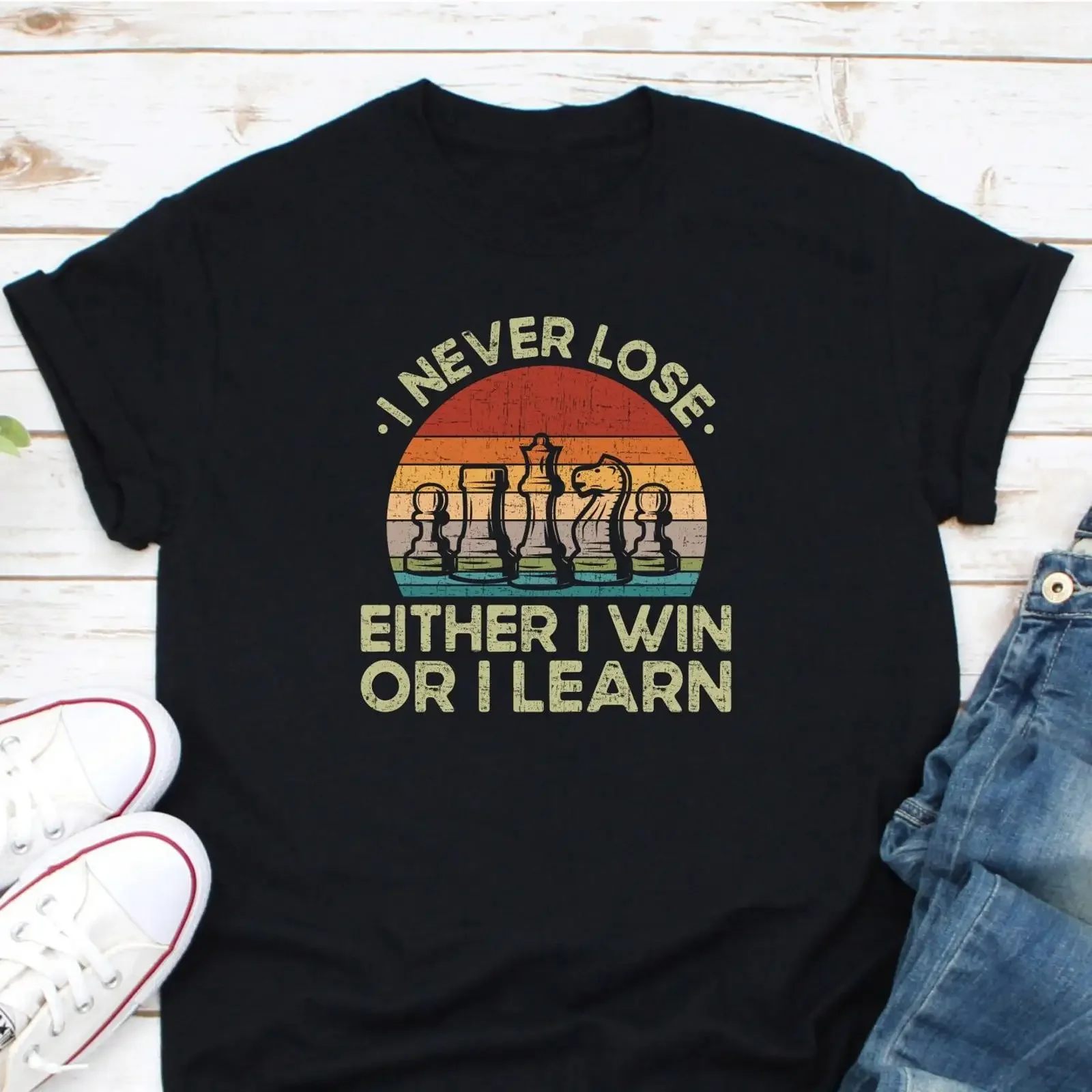 I Never Lose Either Win Or Learn Vintage Chess T Shirt Funny Pieces for Lovers Players Tournament  vintage Washed Stylish