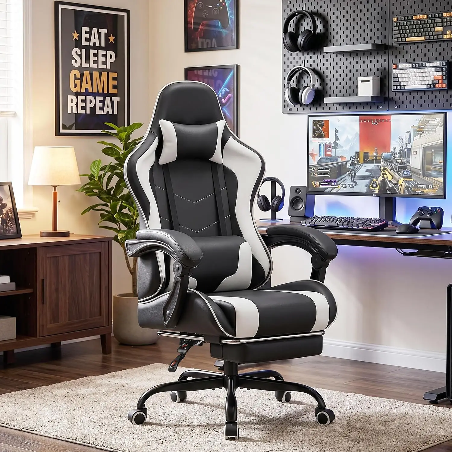 Homall Gaming Chair, Ergonomic, Footrest & Massage Lumbar Support, White