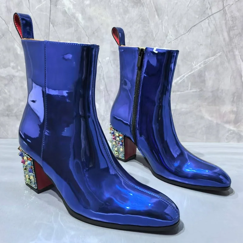Rhinestone High Heel Ankle Boots For Men Blue Patent Leather Boots Fashion Pointed Toe Winter Shoes Men Casual Rivet Boots