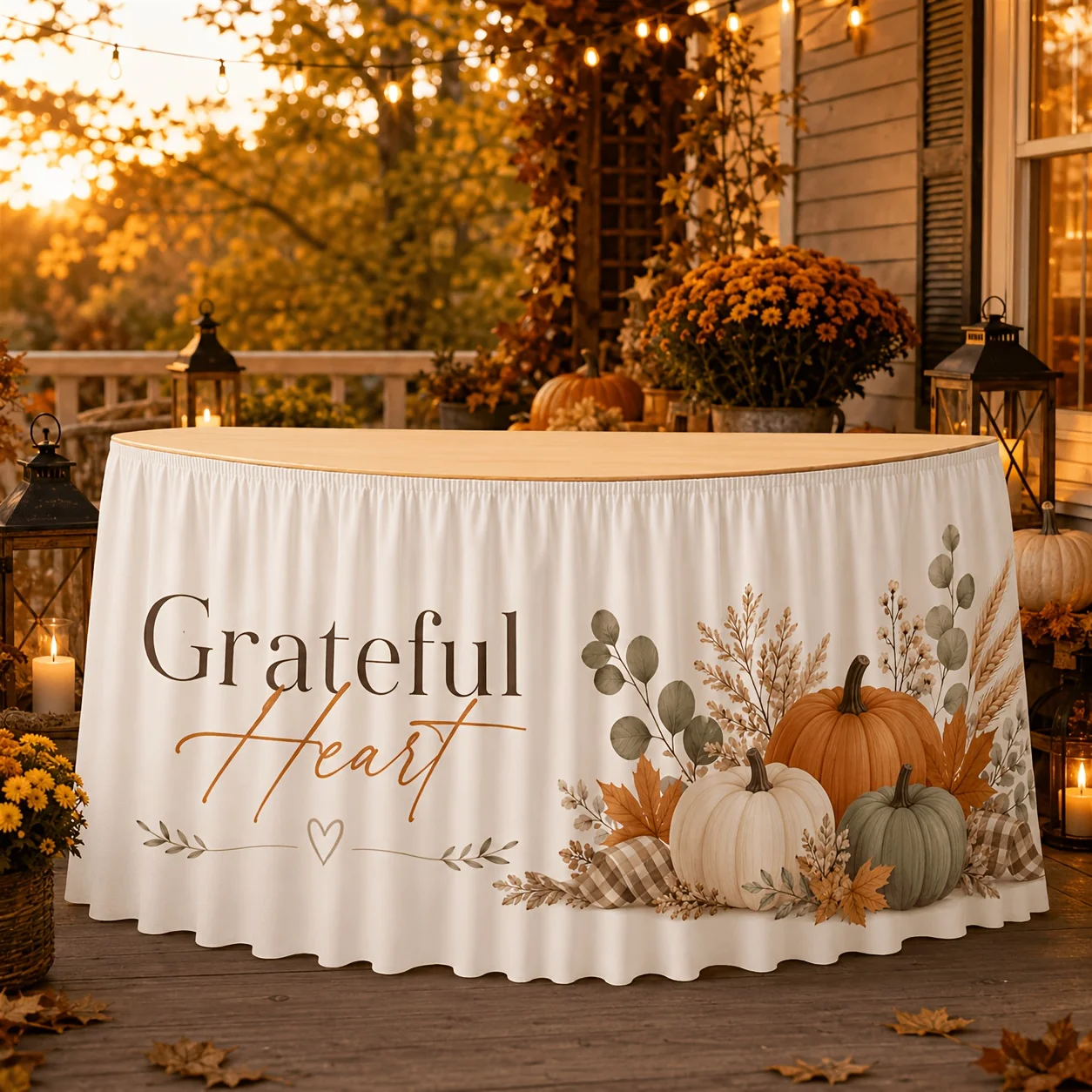 One tablecloth table skirt, Thanksgiving gratitude table cover, orange, white, green pumpkin, eucalyptus, maple leaf patternzyc
