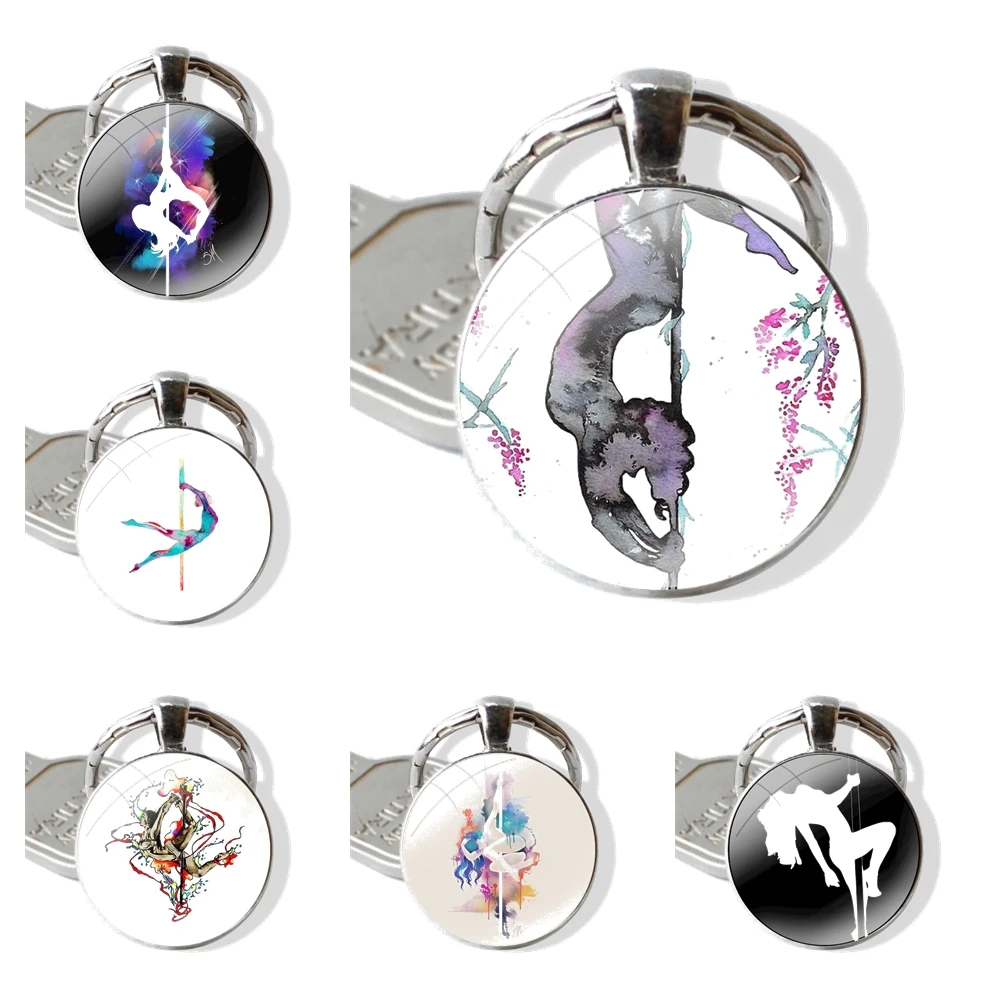 Pole dance Fitness sexy Keychain Handmade Glass Cabochon Key Ring Holder Pendant Key Chains