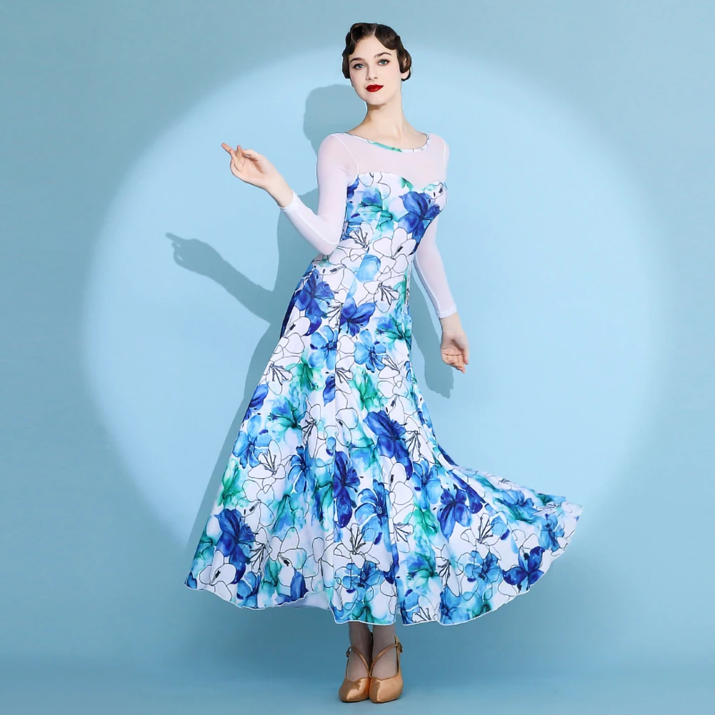 Abito da ballo valzer a maniche lunghe da competizione Abito da ballo standard blu Concorso girocollo Elegante abito da flamenco